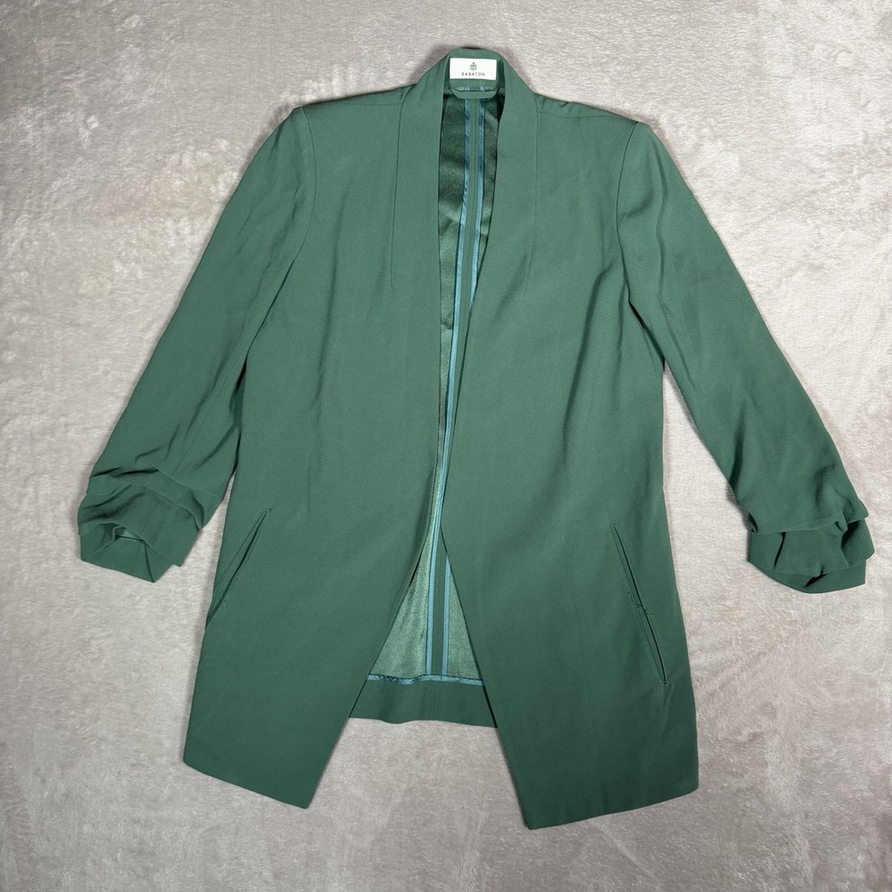 Aritzia Babaton Power Blazer Green Ruched Sleeve Open Front Jacket Size 4 61114